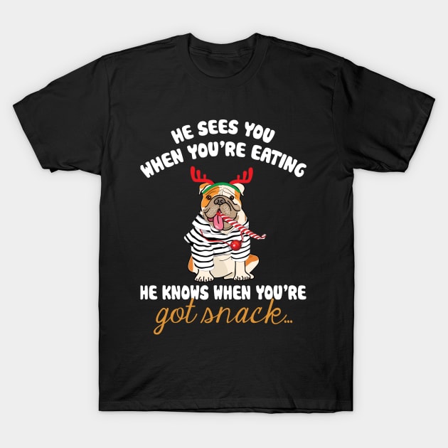 He Sees You When You're Eating Christmas Pug T-Shirt by TeeSky